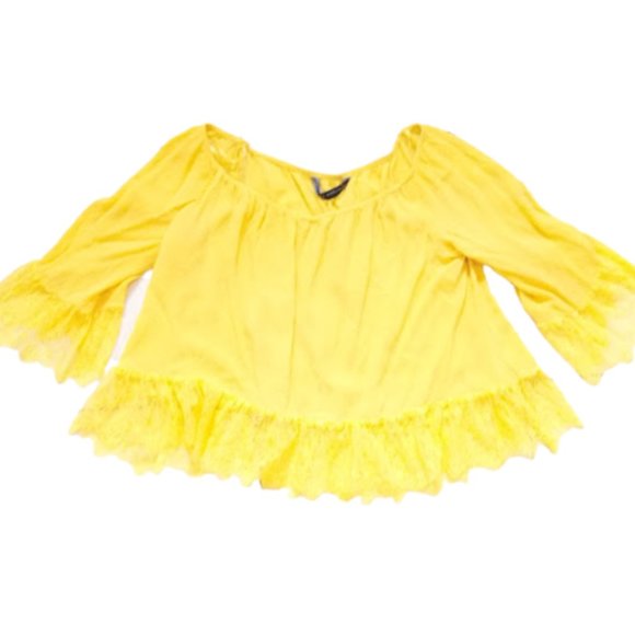 ZARA  Bright Yellow  Crop Top Blouse w Ruffles XS - Picture 2 of 3